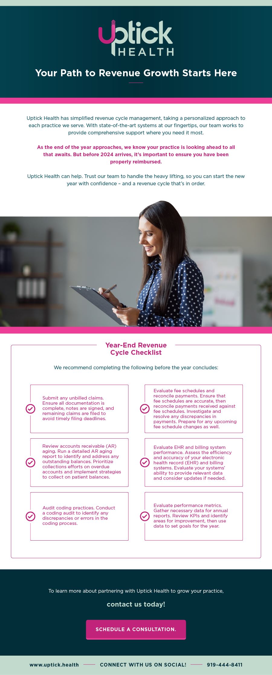 Uptick Health revenue cycle email with year-end checklist