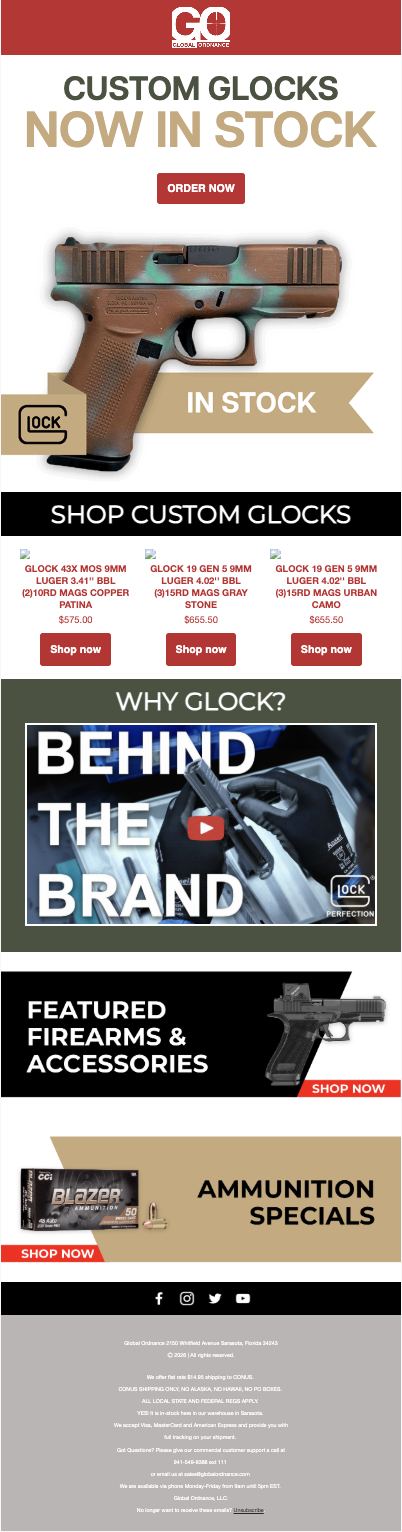Global Ordnance custom Glocks in-stock announcement email