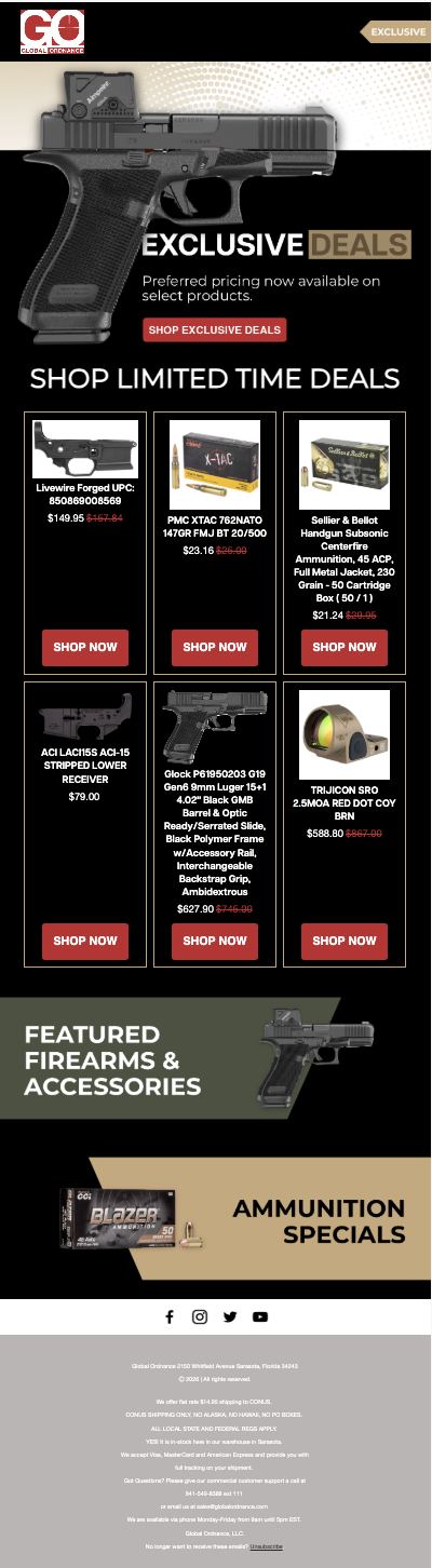 Global Ordnance exclusive deals email, dark treatment with limited-time pricing grid