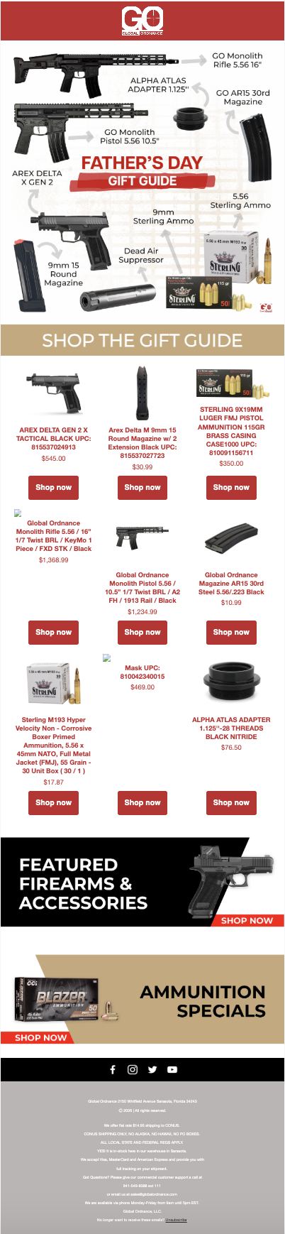 Global Ordnance Father's Day gift guide email, annotated product array