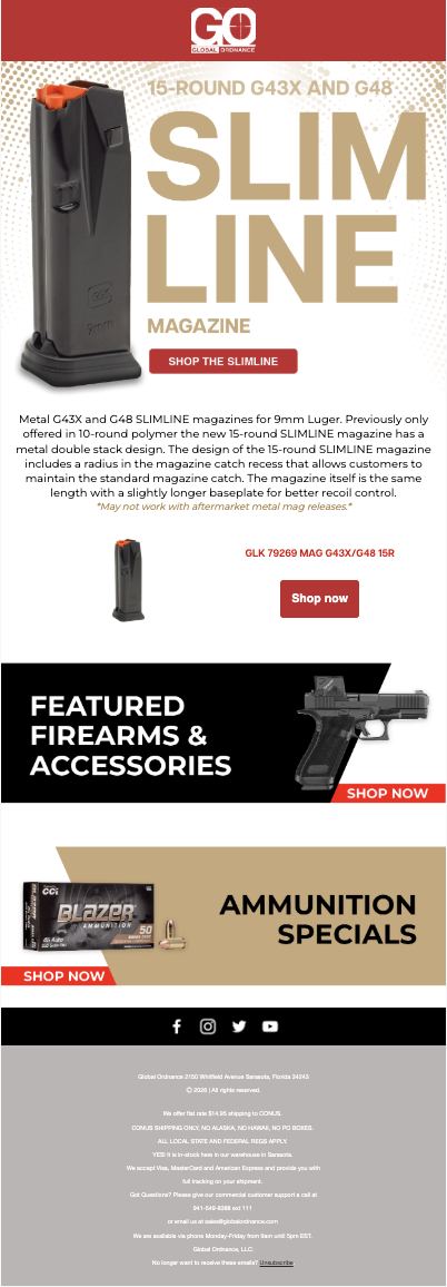 Global Ordnance Slimline magazine launch email, typographic hero over a halftone field