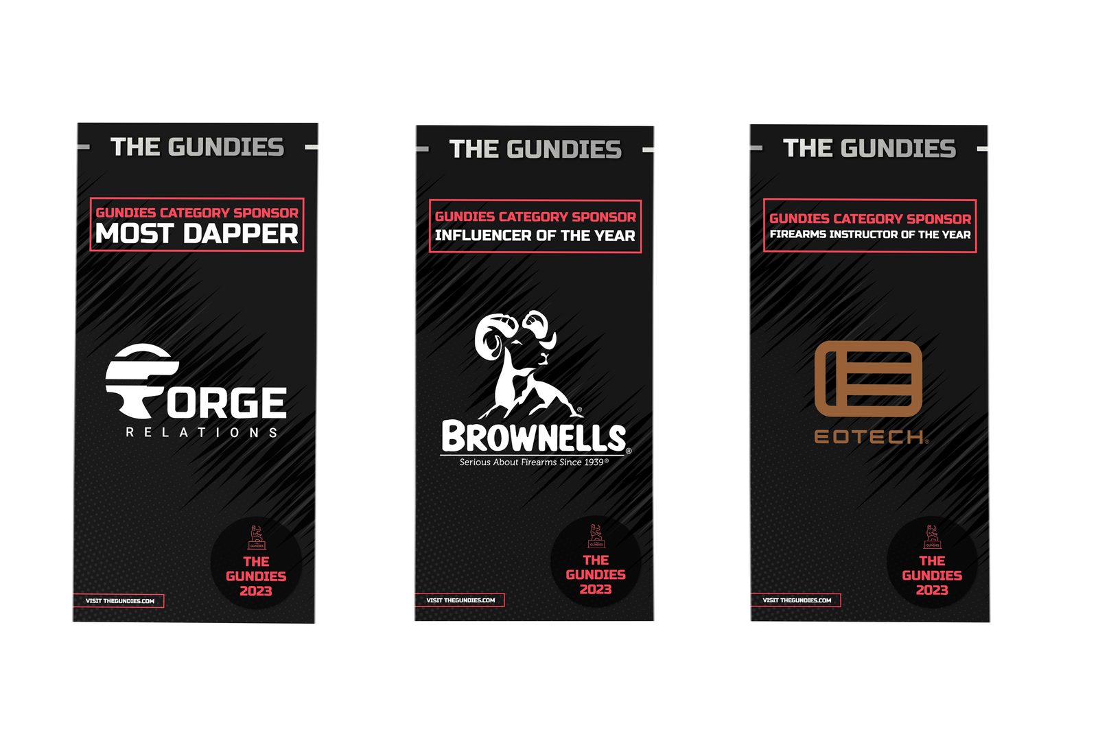 Gundies 2023 category sponsor banners for Forge Relations, Brownells, and EOTECH