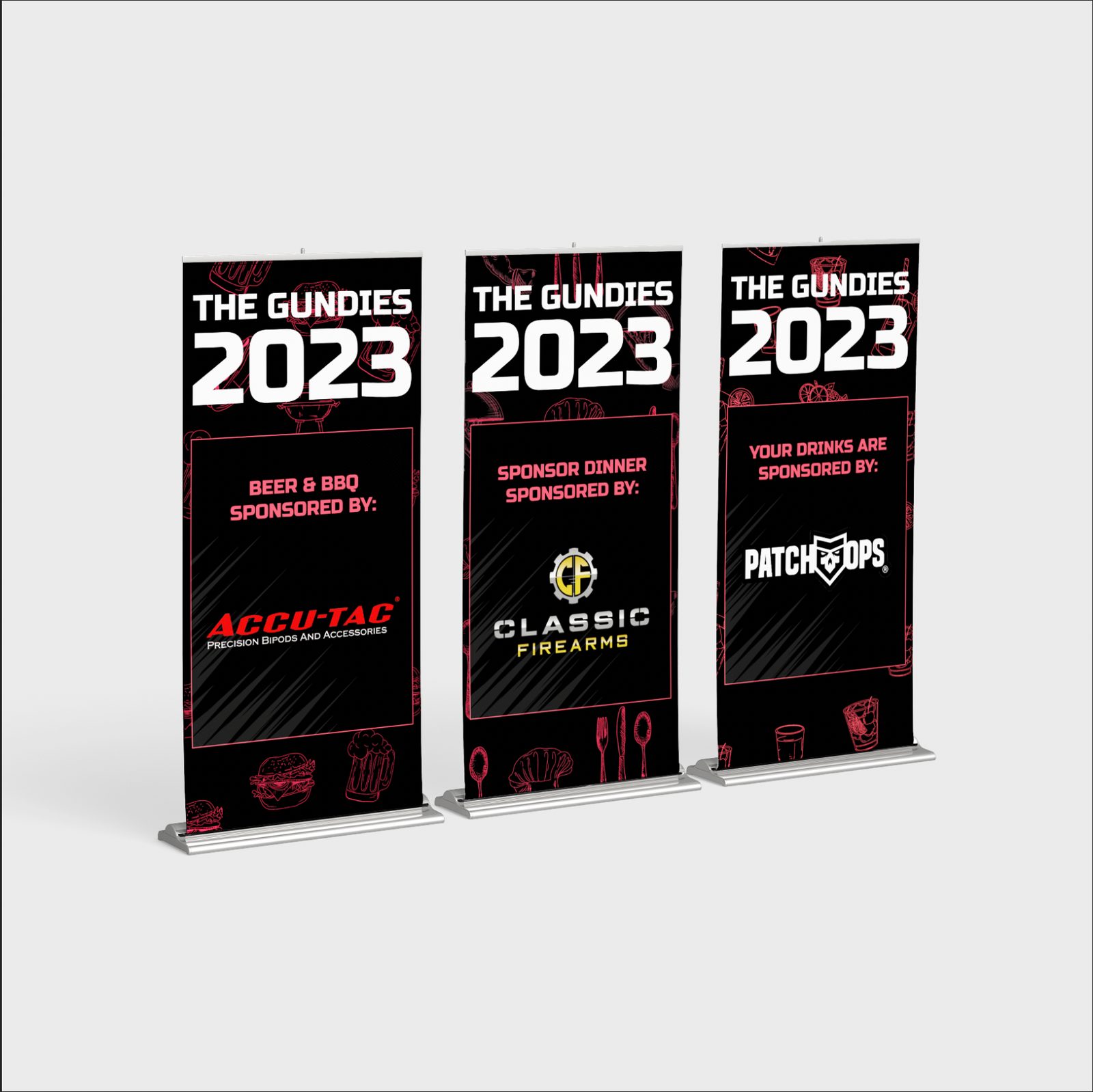 Gundies 2023 roll-up banners for food, dinner, and drink sponsors