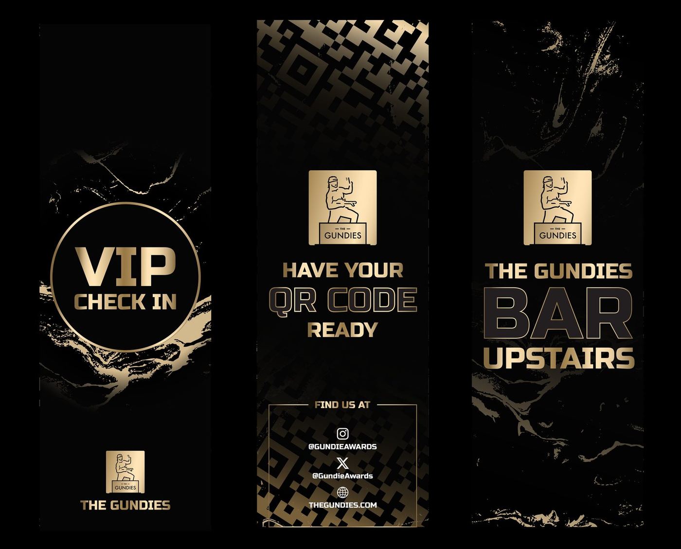 Gundies 2025 wayfinding banners for VIP check-in, QR entry, and the bar