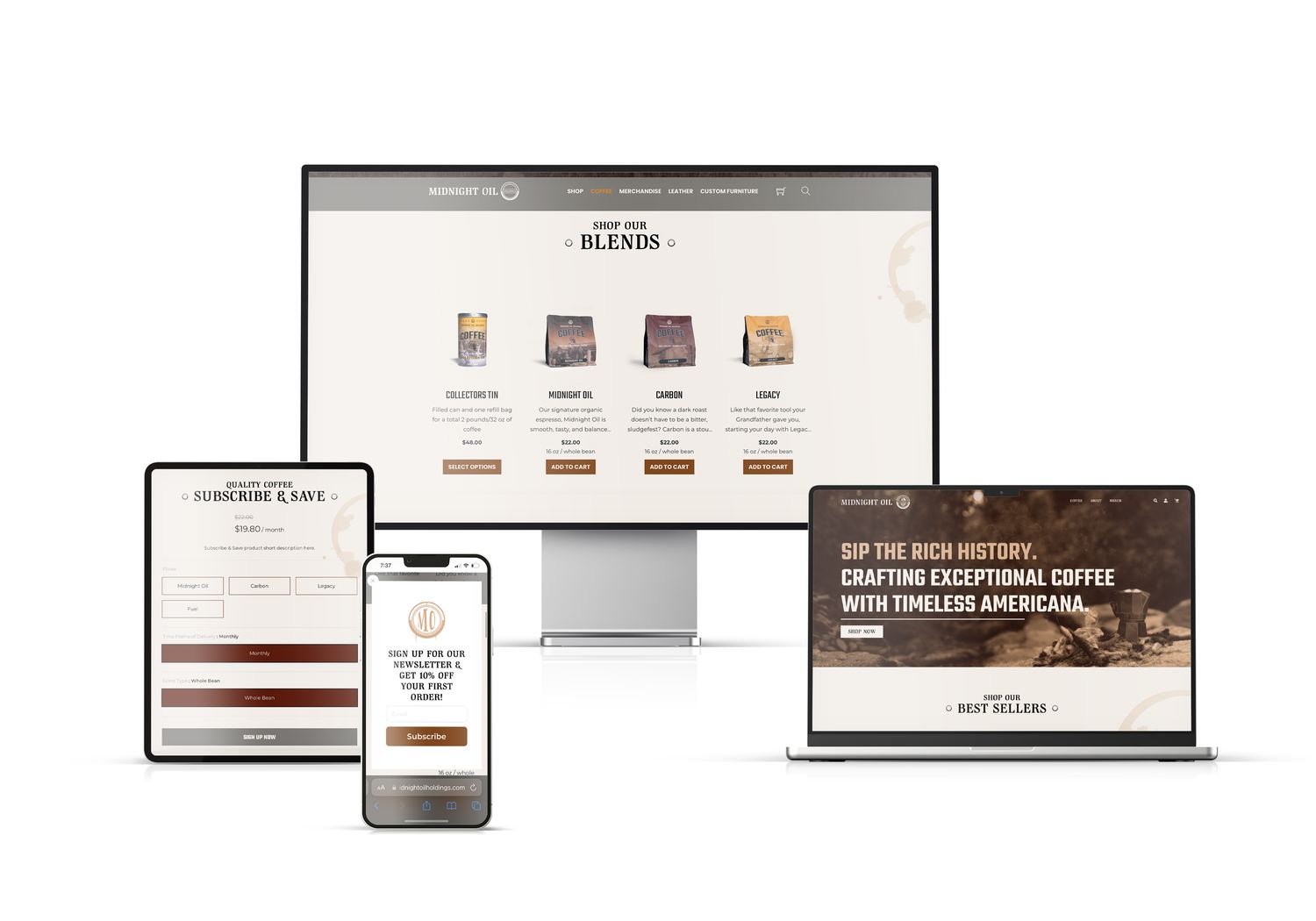 Midnight Oil Holdings coffee ecommerce site across desktop, tablet, and mobile